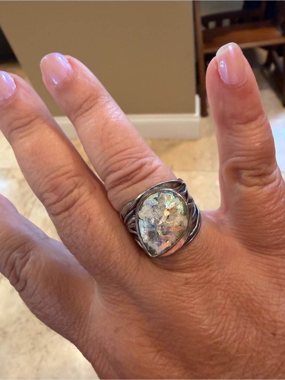 Sterling Silver Iridescent Opal Teardrop Ring - Silver